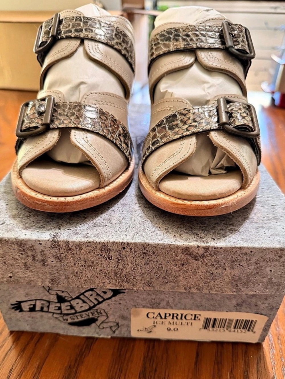 Freebird Caprice Buckle Wedge Sandals in Ice Multi